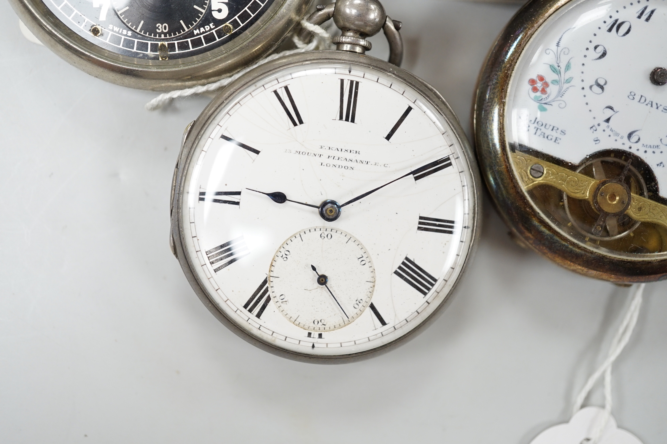 Fourteen assorted mainly base metal pocket watches including two Jaeger LeCoultre and a chronograph.